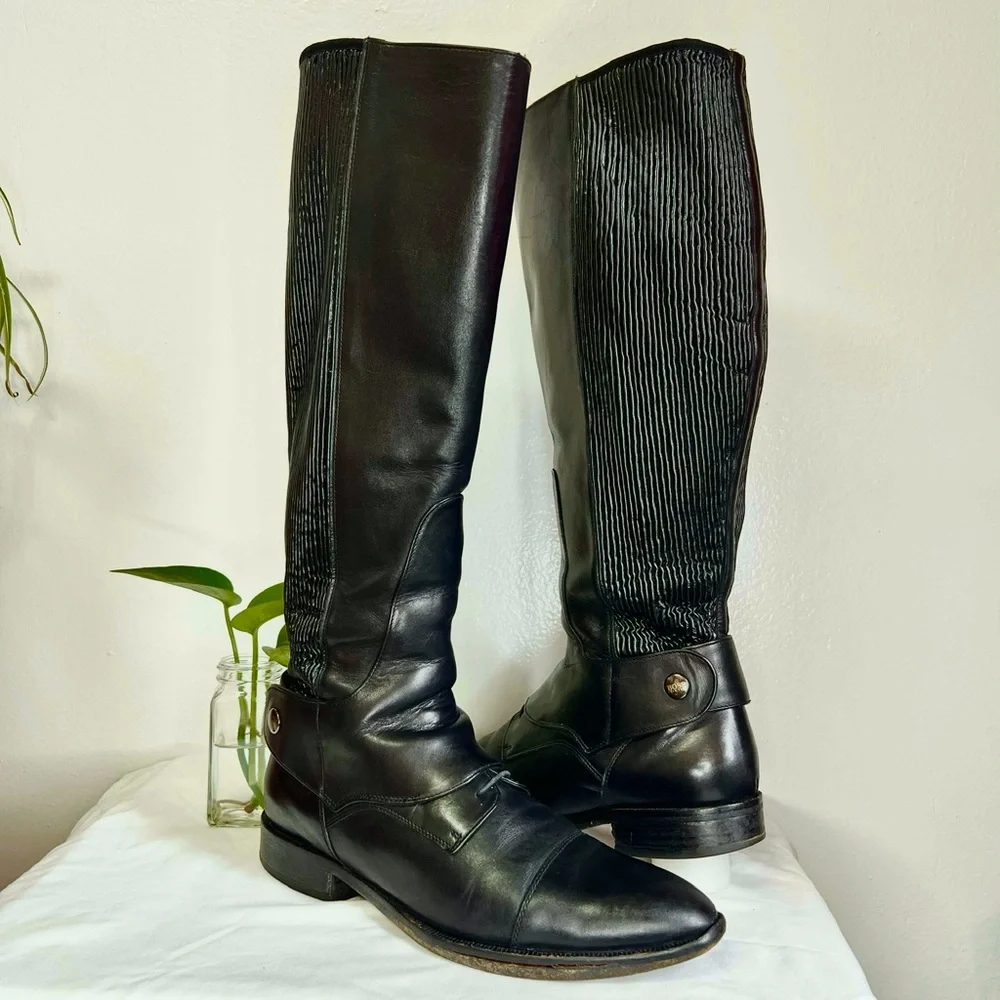 Hugo Boss Dress Knee High Black Leather Stretchy Calf Zip Boots 38 Almond Toe 8 - Picture 1 of 15